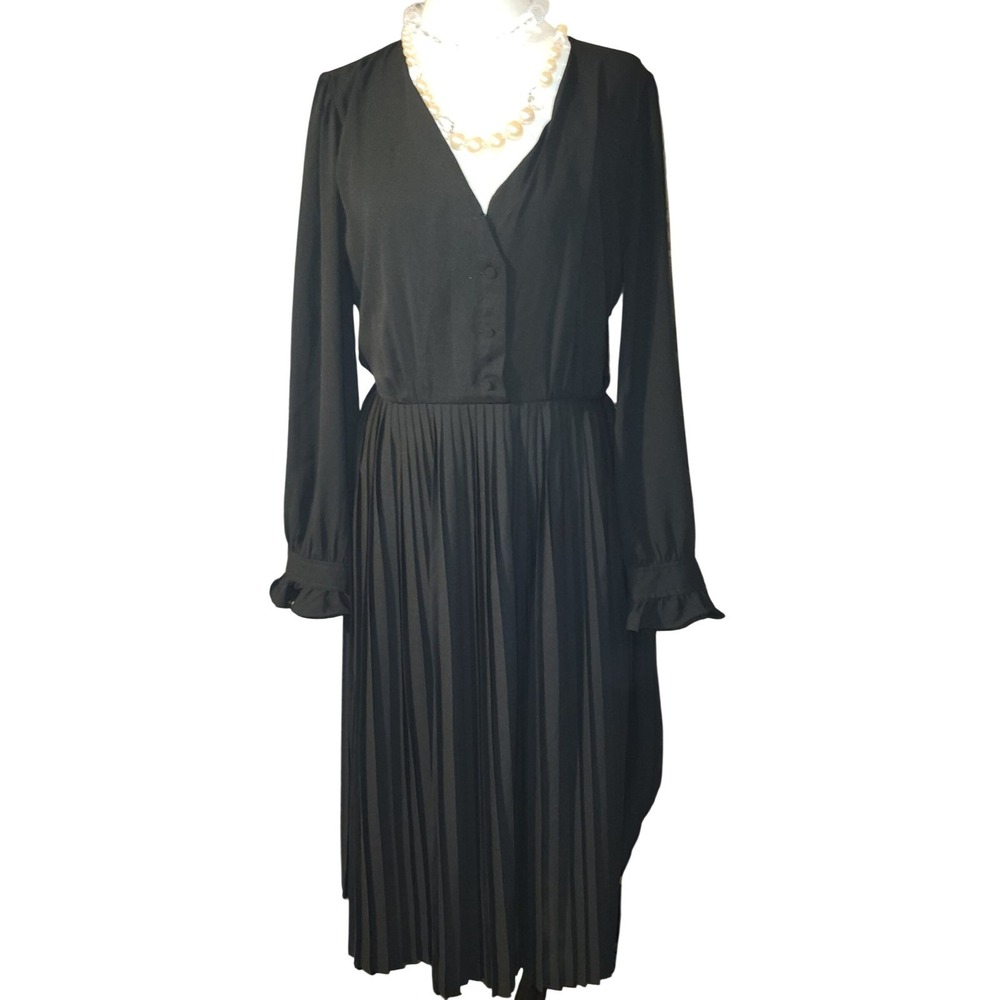 J.Crew Black Pleated Midi Dress Size 14 Long Sleeve V-Neck  Side Zip READ